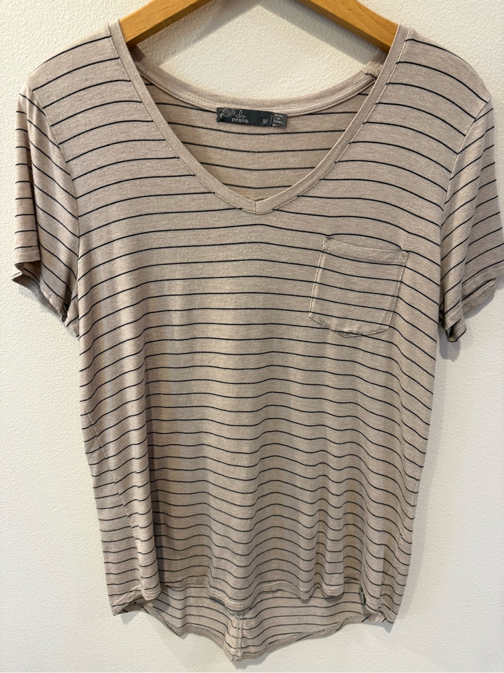 Prana Striped Taupe Foundation V-Neck Pocket Tee